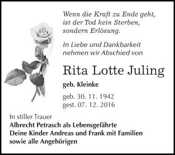 Traueranzeige von Rita Lotte Juling von Super Sonntag SGH Mansf. Land