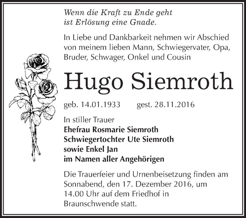  Traueranzeige für Hugo Siemroth vom 10.12.2016 aus WVG - Wochenspiegel Quedlinburg