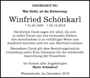 Traueranzeige von Winfried Schönkarl von Mitteldeutsche Zeitung Mansfelder Land