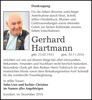 Traueranzeige von Gerhard Hartmann von Mitteldeutsche Zeitung Naumburg/Nebra