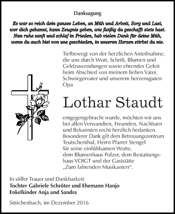 Traueranzeige von Lothar Staudt von Super Sonntag SGH Mansf. Land