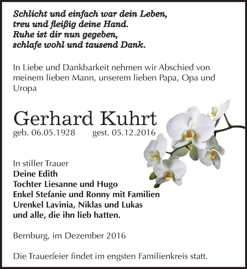  Traueranzeige für Gerhard Kuhrt vom 10.12.2016 aus Mitteldeutsche Zeitung Bernburg