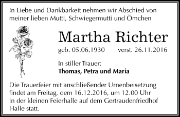 Traueranzeige von Martha Richter von Mitteldeutsche Zeitung Halle/Saalkreis