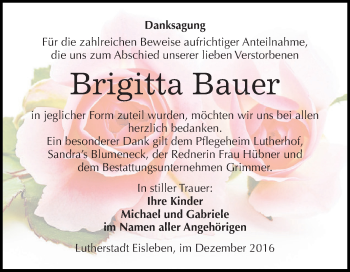 Traueranzeige von Brigitta Bauer von Wochenspiegel Mansfelder Land