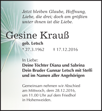 Traueranzeige von Gesine Krauß von Mitteldeutsche Zeitung