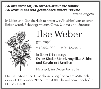 Traueranzeige von Ilse Weber von Wochenspiegel Mansfelder Land