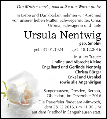 Traueranzeige von Ursula Nentwig von Super Sonntag SGH Mansf. Land