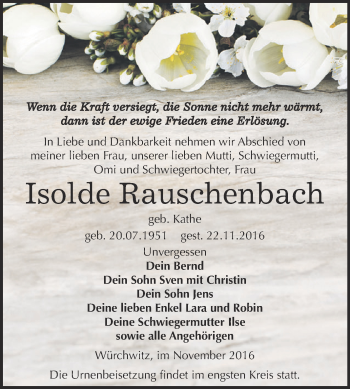 Traueranzeige von Isolde Rauschenbach von Super Sonntag Zeitz
