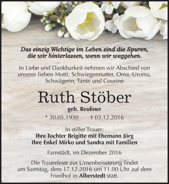 Traueranzeige von Ruth Stöber von Mitteldeutsche Zeitung Merseburg/Querfurt