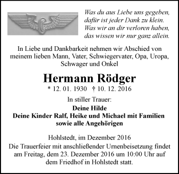 Traueranzeige von Hermann Rödger von Mitteldeutsche Zeitung Sangerhausen
