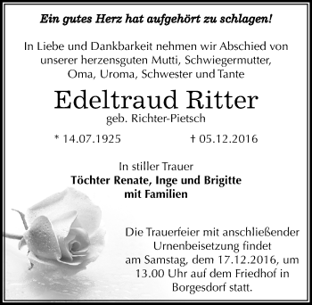 Traueranzeige von Edeltraud Ritter von Mitteldeutsche Zeitung Bernburg