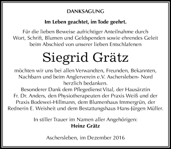 Traueranzeige von Siegrid Grätz von Mitteldeutsche Zeitung Aschersleben