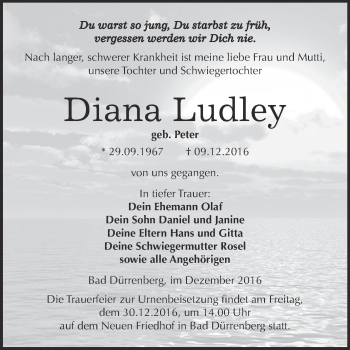 Traueranzeige von Diana Ludley von Super Sonntag Merseburg