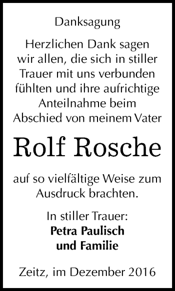Traueranzeige von Rolf Rosche von Mitteldeutsche Zeitung Zeitz
