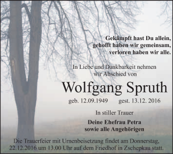 Traueranzeige von Wolfgang Spruth von WVG - Wochenspiegel Bitterfeld