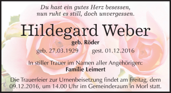 Traueranzeige von Hildegard Weber von Mitteldeutsche Zeitung Halle/Saalkreis