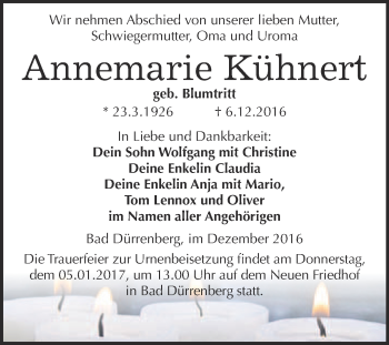 Traueranzeige von Annemarie Kühnert von Super Sonntag Merseburg