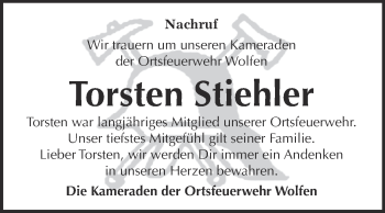 Traueranzeige von Torsten Stiehler von WVG - Wochenspiegel Bitterfeld