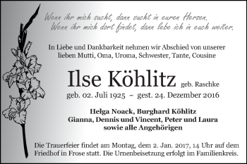 Traueranzeige von Ilse Köhlitz von Super Sonntag Aschersleben