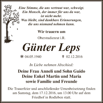 Traueranzeige von Günter Leps von WVG - Wochenspiegel Dessau / Köthen