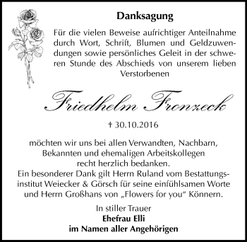Traueranzeige von Friedhelm Fronzeck von Mitteldeutsche Zeitung Bernburg