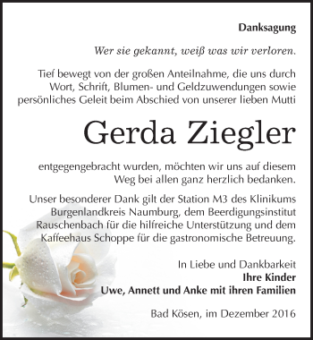 Traueranzeige von Gerda Ziegler von Mitteldeutsche Zeitung Naumburg/Nebra