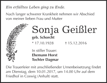 Traueranzeige von Sonja Geißler von Super Sonntag Wittenberg