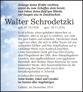 Traueranzeige von Walter Schrodetzki von WVG - Wochenspiegel Merseburg