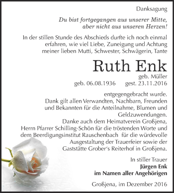 Traueranzeige von Ruth Enk von WVG - Wochenspiegel NMB / WSF / ZTZ