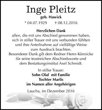 Traueranzeige von Inge Pleitz von Mitteldeutsche Zeitung Naumburg/Nebra