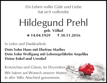 Traueranzeige von Hildegund Prehl von Super Sonntag Zeitz