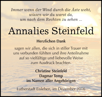 Traueranzeige von Annalies Steinfeld von Wochenspiegel Mansfelder Land