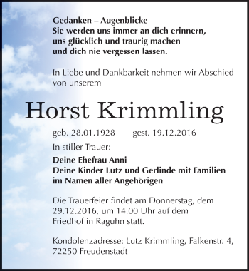 Traueranzeige von Horst Krimmling von Mitteldeutsche Zeitung Bitterfeld