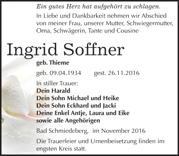 Traueranzeige von Ingrid Soffner von Mitteldeutsche Zeitung Wittenberg