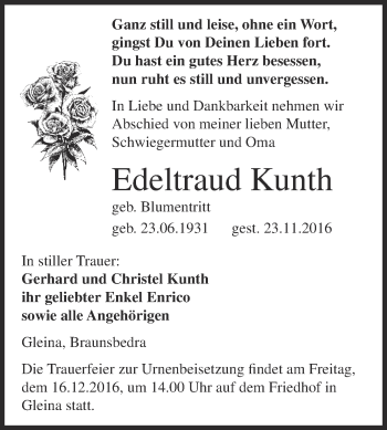 Traueranzeige von Edeltraud Kunth von WVG - Wochenspiegel NMB / WSF / ZTZ