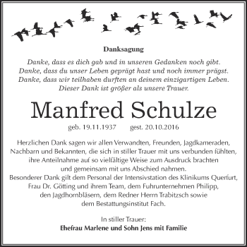 Traueranzeige von Manfred Schulze von Super Sonntag Merseburg