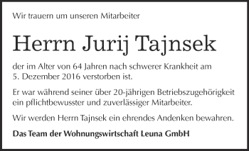 Traueranzeige von Jurij Tajnsek von Super Sonntag Merseburg