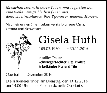 Traueranzeige von Gisela Huth von Mitteldeutsche Zeitung Merseburg/Querfurt