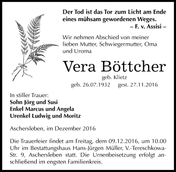 Traueranzeige von Vera Böttcher von Mitteldeutsche Zeitung Aschersleben