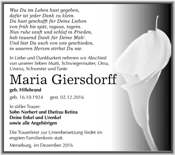 Traueranzeige von Maria Giersdorff von WVG - Wochenspiegel Merseburg