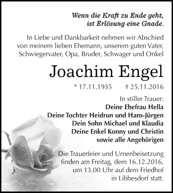 Traueranzeige von Joachim Engel von WVG - Wochenspiegel Dessau / Köthen