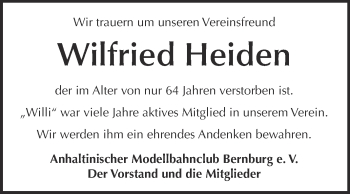 Traueranzeige von Wilfried Heiden von Super Sonntag Bernburg