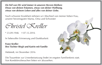 Traueranzeige von Christel Kreller von Mitteldeutsche Zeitung Mansfelder Land