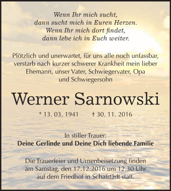 Traueranzeige von Werner Sarnowski von WVG - Wochenspiegel Merseburg