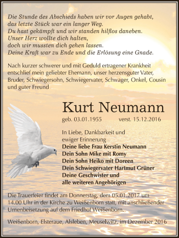 Traueranzeige von Kurt Neumann von Super Sonntag Zeitz