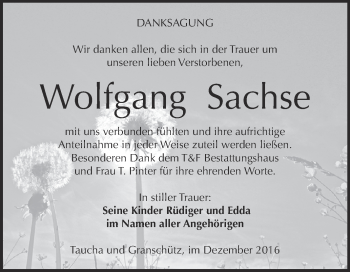 Traueranzeige von Wolfgang Sachse von WVG - Wochenspiegel NMB / WSF / ZTZ