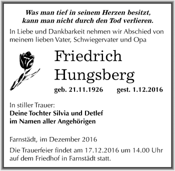 Traueranzeige von Friedrich Hungsberg von Mitteldeutsche Zeitung Merseburg/Querfurt