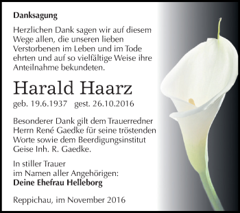 Traueranzeige von Harald Haarz von WVG - Wochenspiegel Dessau / Köthen