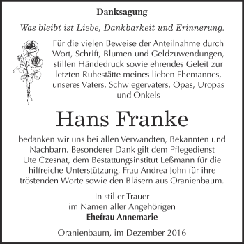 Traueranzeige von Hans Franke von WVG - Wochenspiegel Wittenberg