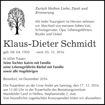 Traueranzeige von Klaus-Dieter Schmidt von Wochenspiegel Mansfelder Land